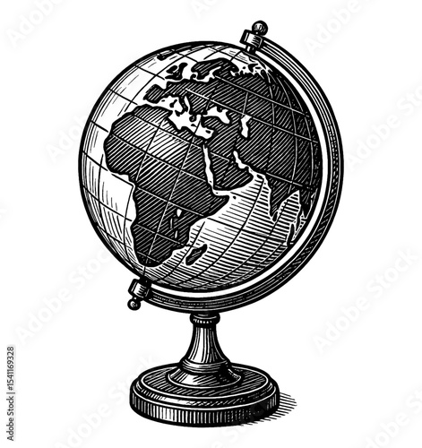 Detailed Engraved Globe with Stand Displaying Continents in Black and White
