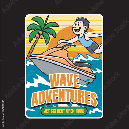 Vector Illustration of Boy Freestyle While Riding Jetski with Retro Cartoon Available for Poster
