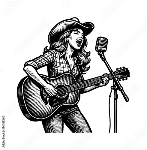 Woman with Cowboy Hat Singing and Playing Guitar in Black and White Illustration