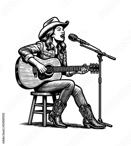 A woman in cowboy hat singing and playing guitar while sitting, line art illustration
