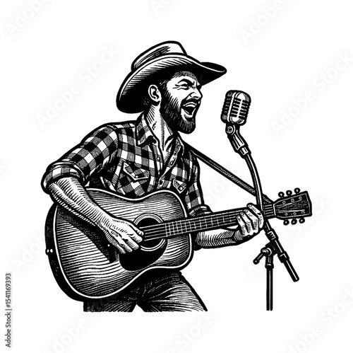 Man Singing and Playing Guitar with Cowboy Hat in Detailed Black and White Engraving Art