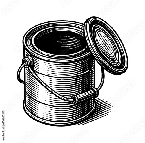 Illustration of metal paint bucket and lid with engrave style on white background