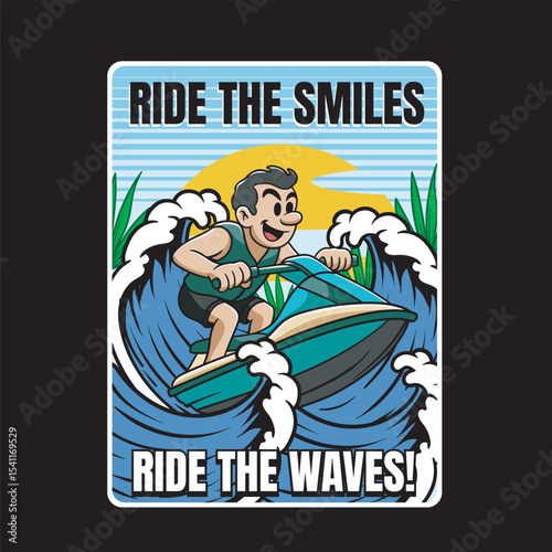 Vector Illustration of Boy Riding Jetski with Retro Cartoon Available for Poster