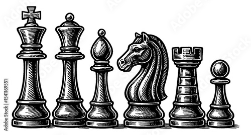 Chess Pieces Vector Illustration in Black and White Line Art Style Detailed Drawing