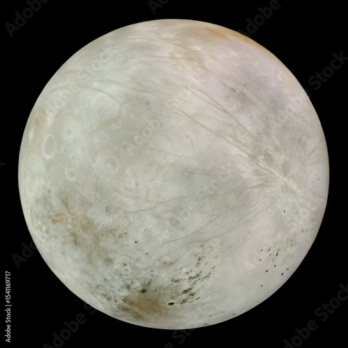 A detailed, full-disk rendering of Europa, one of Jupiter's Galilean moons, showcasing its smooth, icy surface crisscrossed by distinctive reddish-brown lines and subtle cracks. 