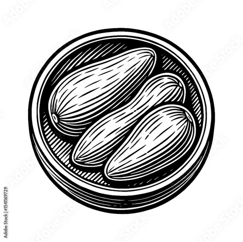 Engraved illustration of almonds in a bowl, vector image, black and white style.