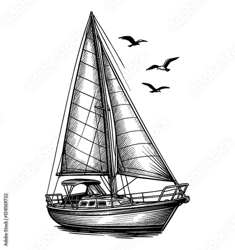 Sailboat sailing with birds flying above in detailed sketch style illustration