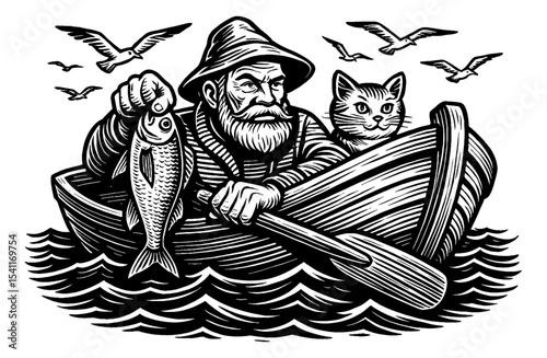 Fisherman with Cat in Boat Holding Fish and Birds in Black and White Woodcut Style