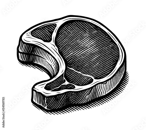 Engraved Illustration of a Cut of Meat, a T-Bone Steak with Crosshatching