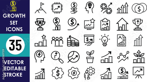 The image displays 35 vector icons representing business growth, success, analytics, profit, finance, leadership, innovation, teamwork, strategy, and achievement using clean stroke lines