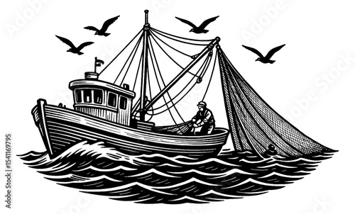 Fisherman on a Fishing Boat with Net and Seagulls in Black and White Engraved Style