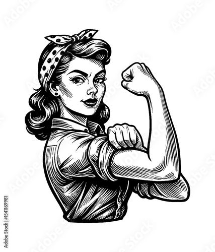 Retro Woman Rolling Up Sleeve Showing Bicep Muscle with Determined Expression Illustration