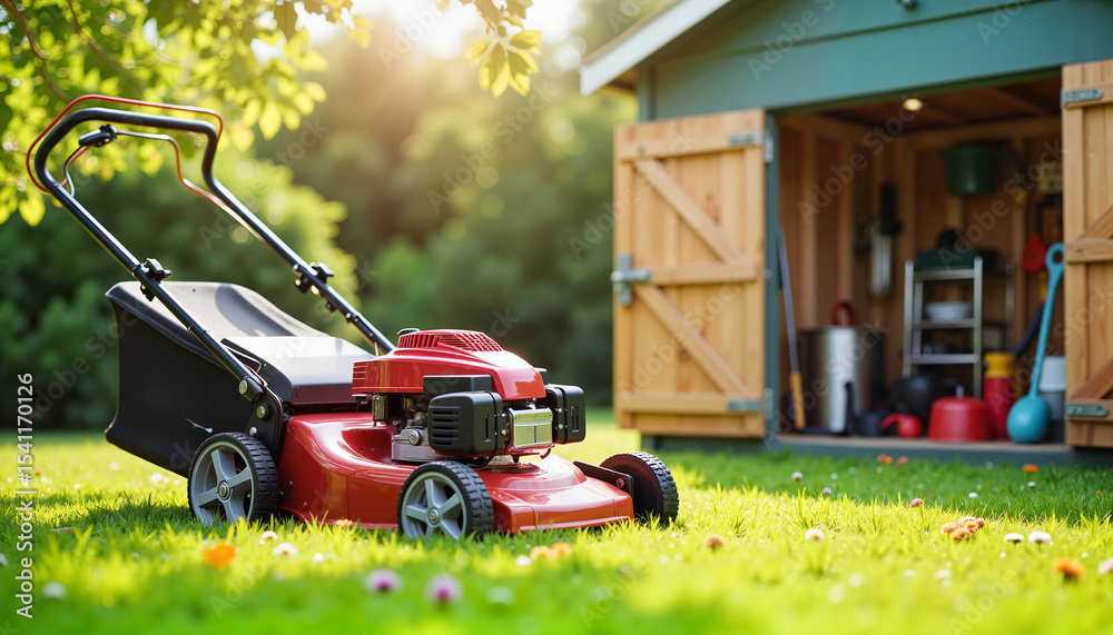 Red lawn mower parked on green grass beside wooden shed in sunlight Red lawn mower parked on green grass beside wooden shed in sunlight