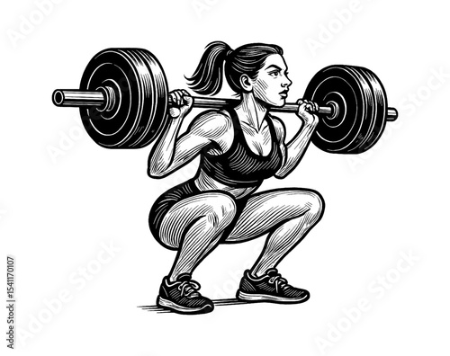 Athletic Woman Squatting with Barbell on Shoulders, Concentrated Expression, Detailed Black and White Line Art