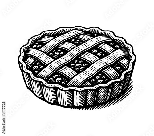 Delicious blueberry pie with lattice crust in black and white engraving style