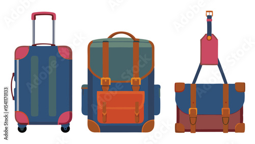 Illustration of three different types of luggage including a suitcase backpack and satchel bag