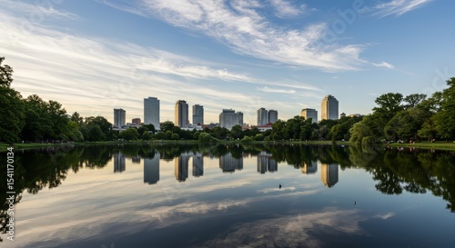 City Skyline Reflected in Lake