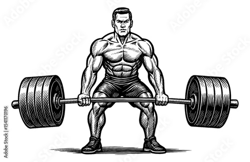 Muscular man lifting heavy barbell with serious face expression in black and white engraved style