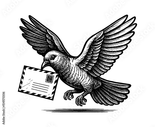 Engraved Illustration of a Dove Delivering a Letter in Flight, Black and White Sketch