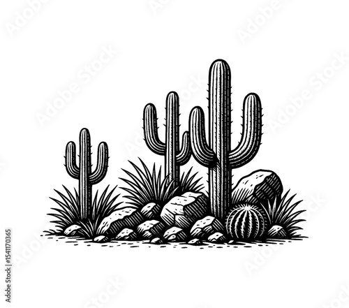Illustration of Various Cacti with Rocks and Grass in Black and White Etching Style