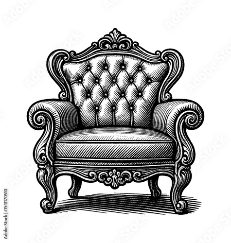 Ornate Engraved Illustration of a Luxurious Armchair with Button Tufting and Detailed Carvings