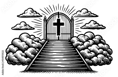 Stairway to Heaven Gate with Cross and Clouds in Black and White Engraved Style