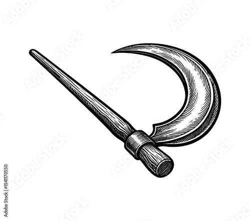Illustration of a Sickle in Black and White Engraved Style on White Background