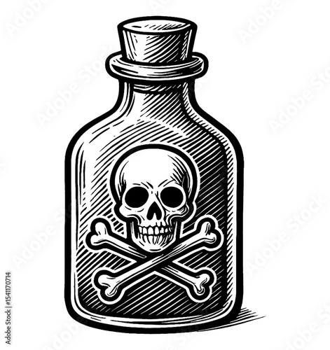 Engraved poison bottle with skull and crossbones label, black and white, isolated image