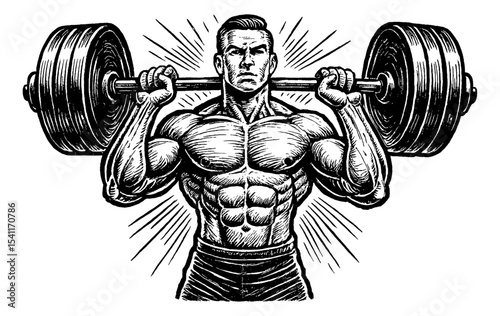 Muscular Man Lifting Barbell in Gym with Serious Expression Detailed Black and White Illustration