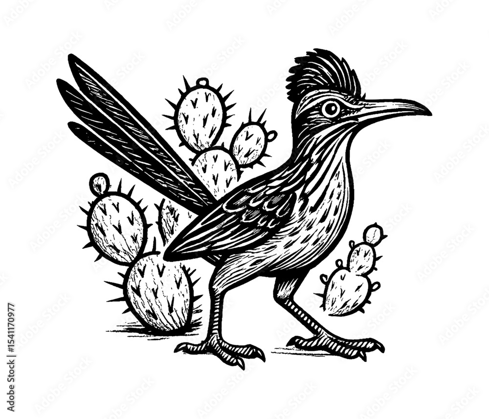 Fototapeta premium Detailed Engraving of a Roadrunner Bird Standing Beside Cactuses in Black and White