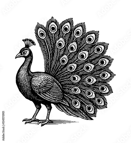 Elegant Peacock Standing Tall with Intricate Feather Details in Black and White Engraving Style
