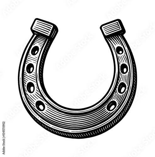 Black and white engraving style illustration of a horseshoe for good luck symbol