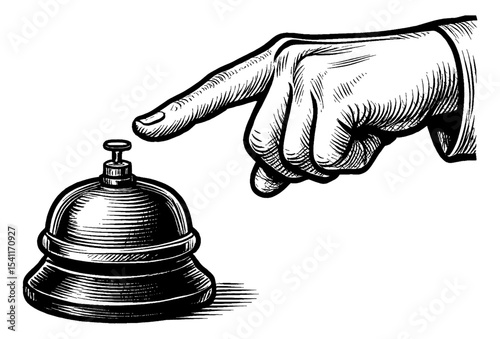 Hand Ringing Service Bell For Assistance in Detailed Black and White Engraving Style