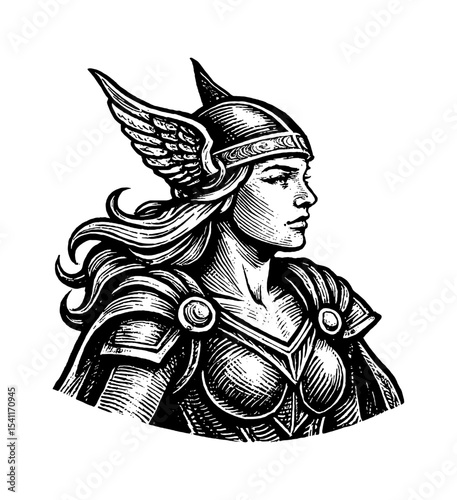 Viking Warrior Woman in Helmet with Wings, Side View Detailed Black and White Illustration