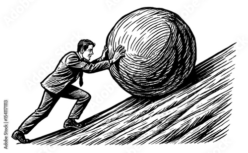 Businessman Pushing Large Ball Uphill Engraving Style Black and White Illustration