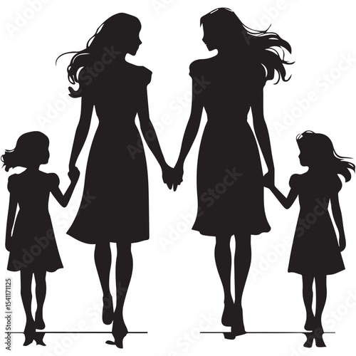 Silhouette of two mothers and two daughters holding hands