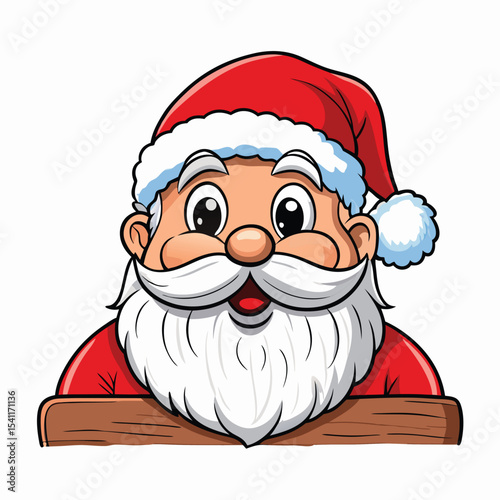Cartoon santa claus peeking over a wooden surface smiling