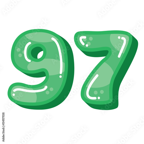 Cute funny number 97 ninety seven vector illustration, number 97 clip art, green number ninety seven clip art cartoon