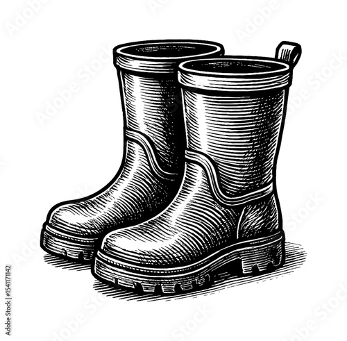 Pair of Rubber Boots Detailed Vector Black and White Engraving Style Illustration
