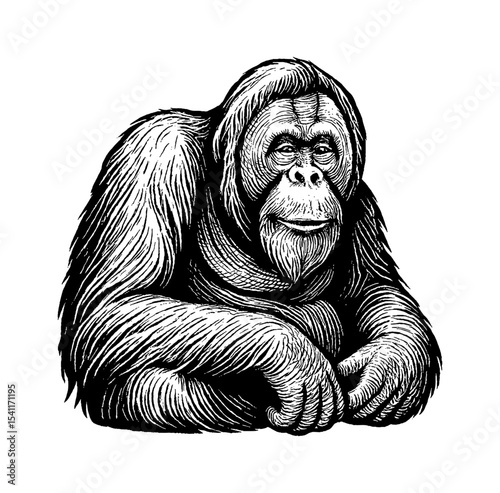 Detailed Engraving of a Calm Orangutan Portrait on White Background, Great Ape with Gentle Expression