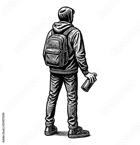 Man with backpack standing back holding spray paint can in engraving style