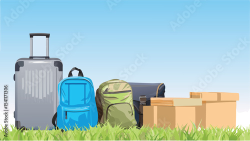 Illustration of a suitcase, backpacks, and boxes on grass against a blue sky background, outdoor scene