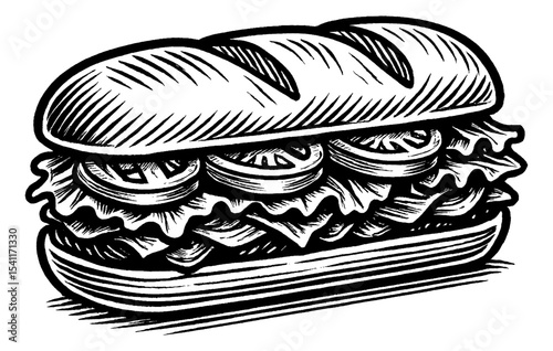 Detailed Engraving Style Illustration of a Sandwich with Lettuce and Tomato