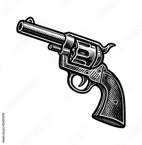 Detailed Engraving Style Illustration of a Revolver Gun in Black and White