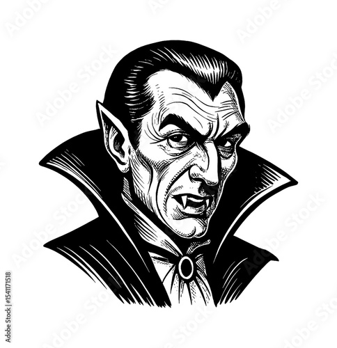 Vampire Portrait with Fangs Out and Stern Expression in Detailed Black and White Drawing