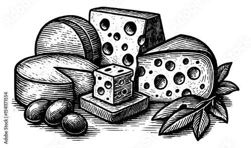 Engraved Illustration of Assorted Cheeses with Holes and Leafy Garnish on White