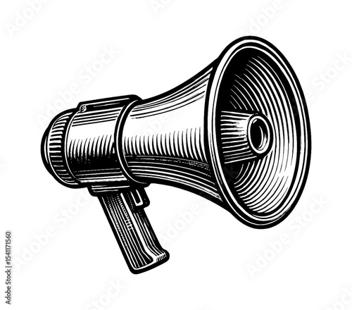 Monochrome Engraved Illustration of a Megaphone Bullhorn on a White Background