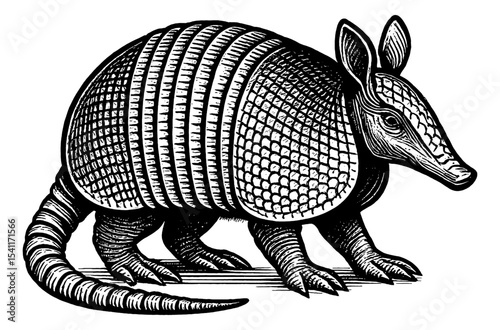 Detailed Black and White Engraving of an Armadillo Walking Sideways on White Background