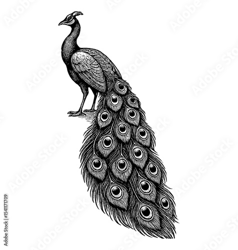 Elegant Peacock Perched Gracefully with Detailed Feather Patterns in Black and White Engraving