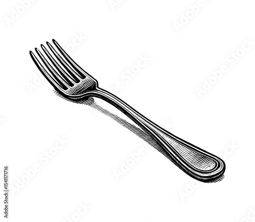 Engraved illustration of a fork in black and white, top view, dining equipment drawing style
